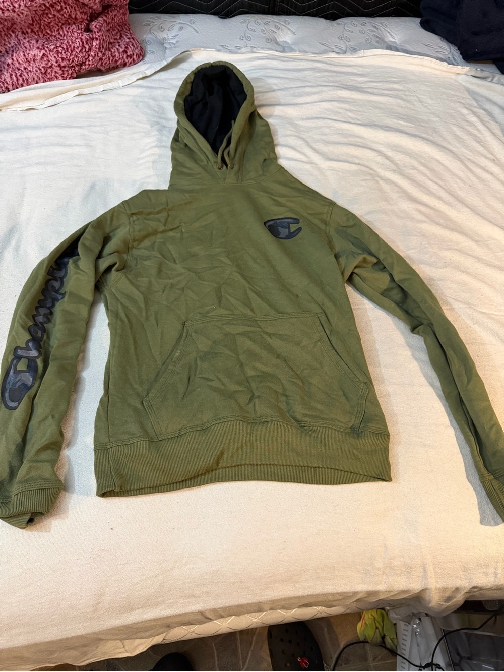 Champion Olive Green Men's Crewneck Hoodie with Black Logo